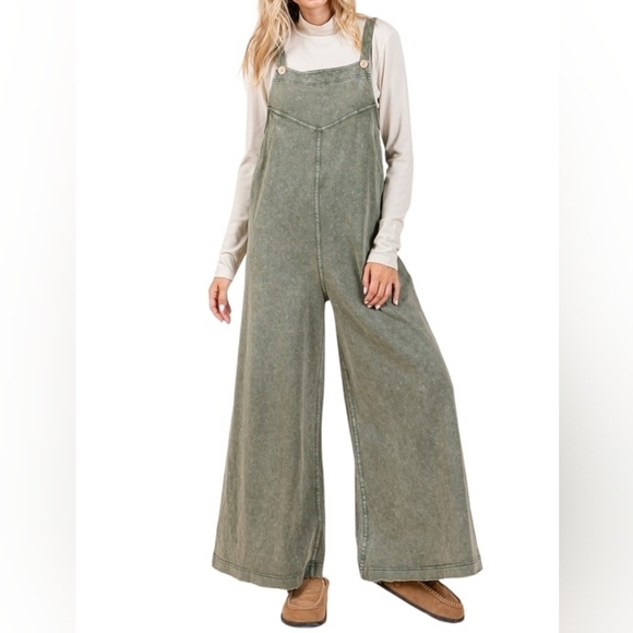 mittoshop Denim - Mittoshop Mineral Wash Olive Wide-Leg Overalls